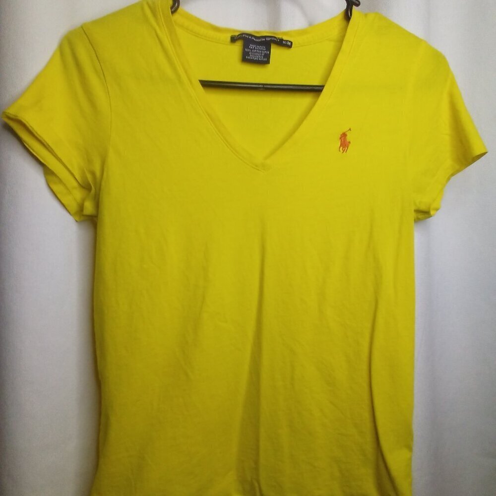 Ralph Lauren Sport Shirt T-Shirt M Women Short Sleeve V-Neck Logo Yellow